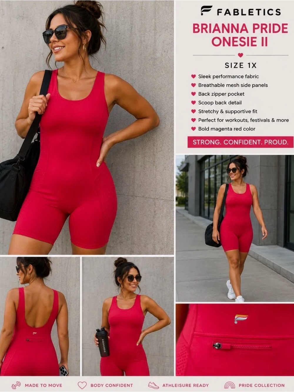 Fabletics Brianna Pride Onesie II Magenta Red 1X Athletic Romper Bodysuit NWT